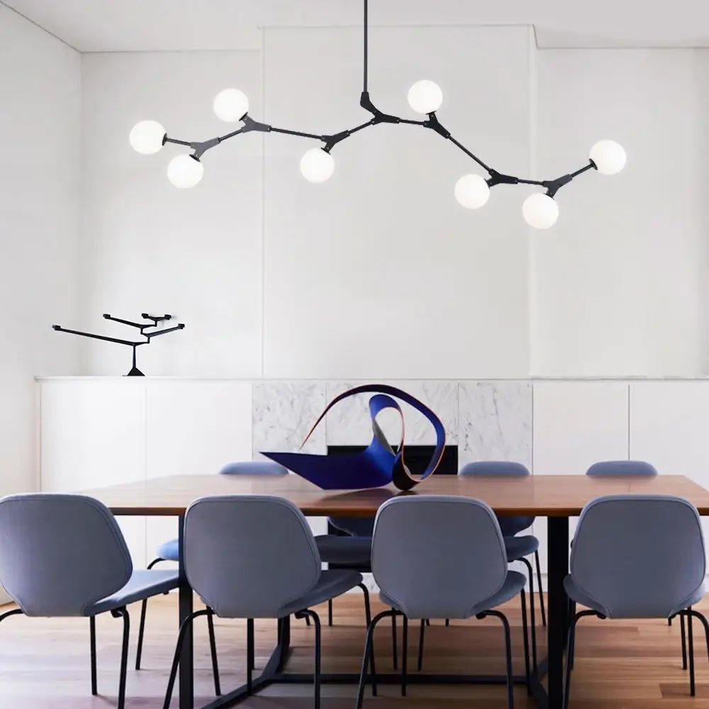 Jonsi 8-Light Mid Century Modern Linear Chandelier – Black & Gold, Globe Glass Shades, Adjustable Height For Dining Room Or Kitchen Island
