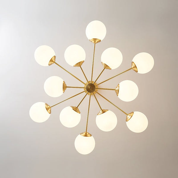 Highlighted by a stylish sputnik structure, this mid-century sputnik chandelier will add modern mid-century flair to any interior decoration. With an excellent combination of metal and opal globes, this brass sputnik chandelier with a two-tier design can bring brightness in different directions. Matched with opal glass shades and E26/E27 bulbs(not included), this mid-century modern lighting amazingly scatters the comfortable glow of the whole space.