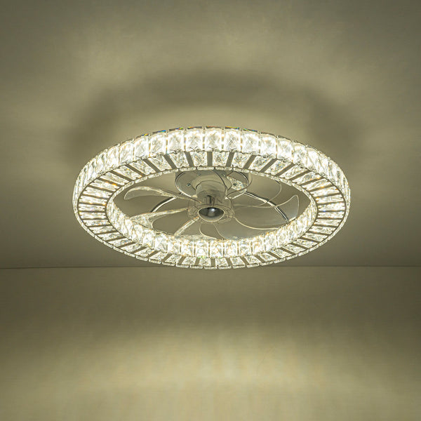 Minimalist Dimmable LED 2-In-1 Ring Flush Mount Crystal Fan Ceiling Light - Yiilighting