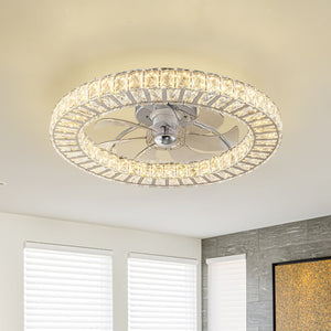 Minimalist Dimmable LED 2-In-1 Ring Flush Mount Crystal Fan Ceiling Light - Yiilighting