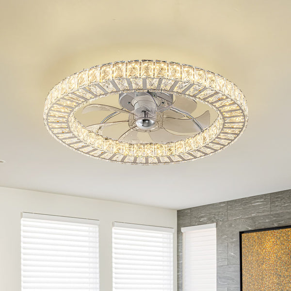 Minimalist Dimmable LED 2-In-1 Ring Flush Mount Crystal Fan Ceiling Light - Yiilighting