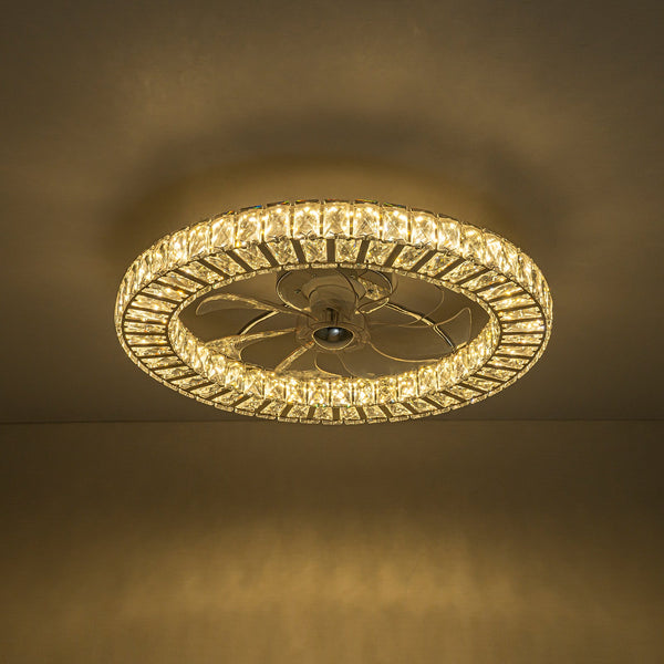 Minimalist Dimmable LED 2-In-1 Ring Flush Mount Crystal Fan Ceiling Light - Yiilighting