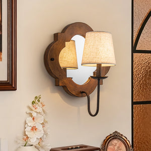 Mirror Integrated Distressed Wood Tapered Fabric Vintage Wall Sconce - Yiilighting
