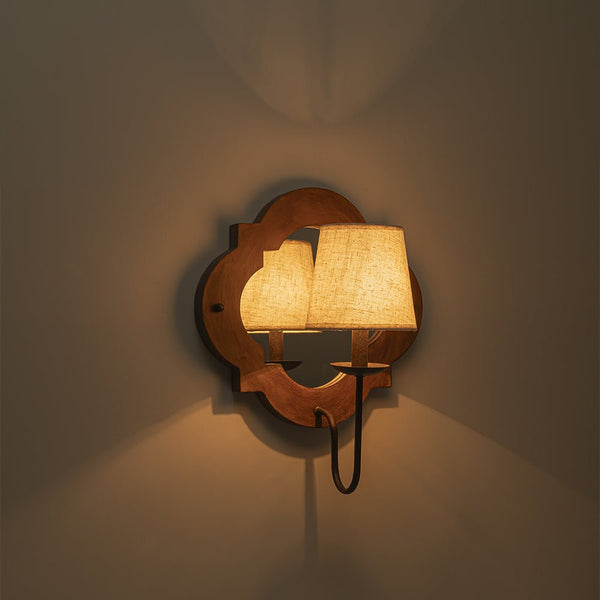Mirror Integrated Distressed Wood Tapered Fabric Vintage Wall Sconce - Yiilighting