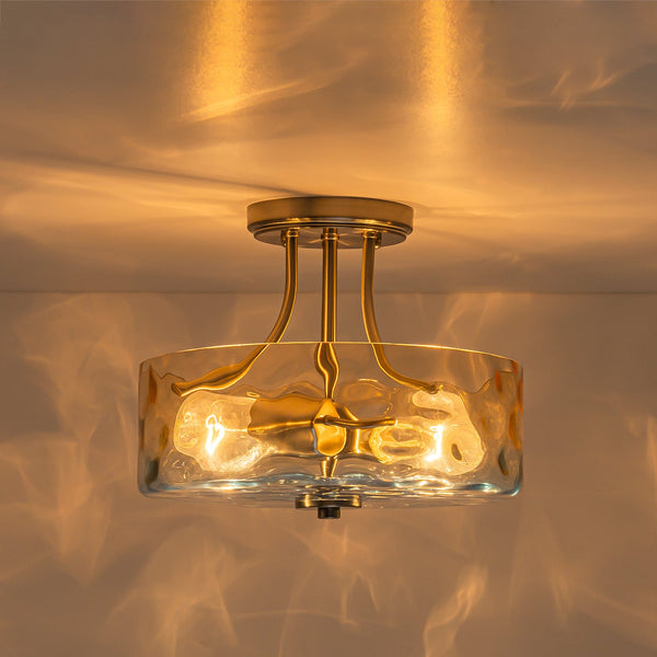 Modern 2-Light Water Rippled Glass Drum Semi-Flush Mount Ceiling Light - Yiilighting