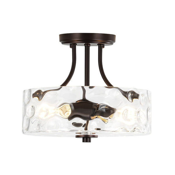 Modern 2-Light Water Rippled Glass Drum Semi-Flush Mount Ceiling Light - Yiilighting