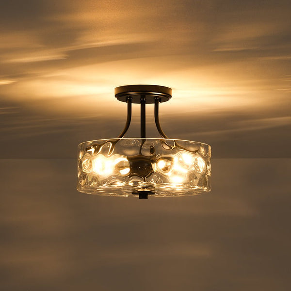 Modern 2-Light Water Rippled Glass Drum Semi-Flush Mount Ceiling Light - Yiilighting