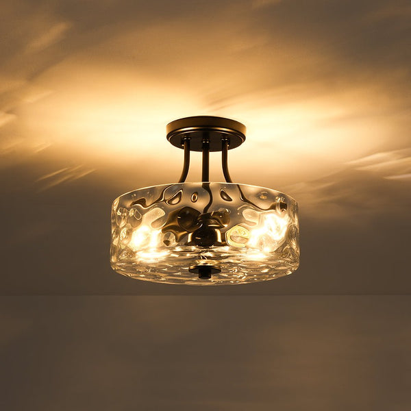 Modern 2-Light Water Rippled Glass Drum Semi-Flush Mount Ceiling Light - Yiilighting