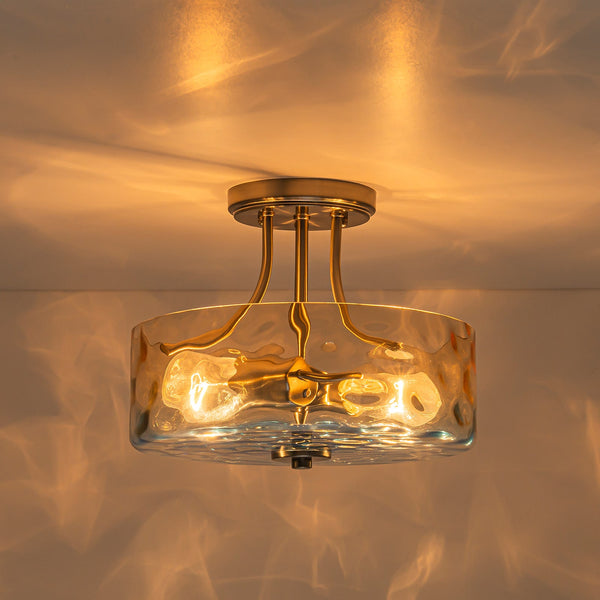 Modern 2-Light Water Rippled Glass Drum Semi-Flush Mount Ceiling Light - Yiilighting