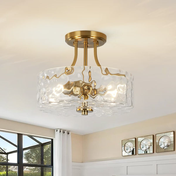 Modern 2 - Light Water Rippled Glass Drum Semi - Flush Mount Ceiling Light - Yiilighting