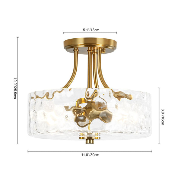 Modern 2 - Light Water Rippled Glass Drum Semi - Flush Mount Ceiling Light - Yiilighting