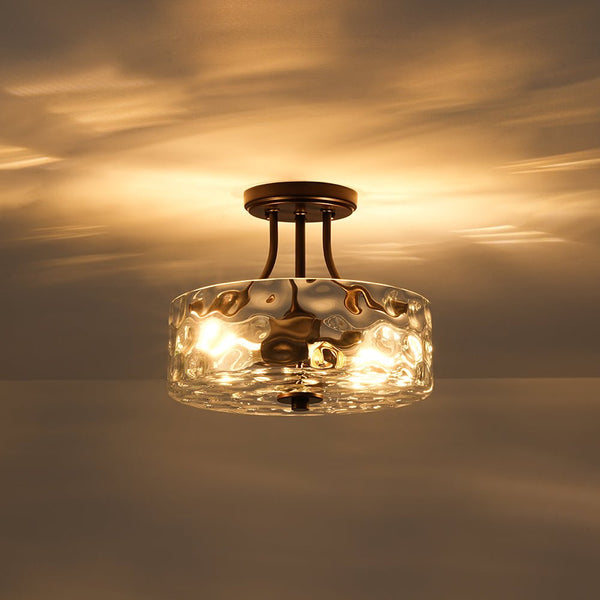 Modern 2-Light Water Rippled Glass Drum Semi-Flush Mount Ceiling Light - Yiilighting