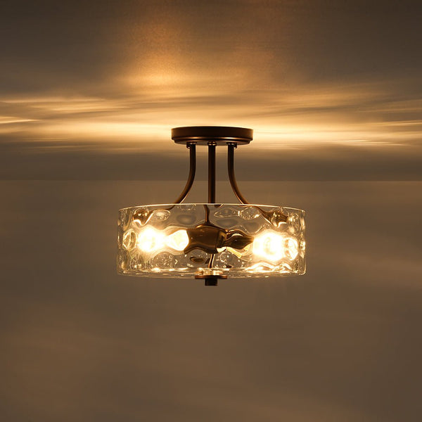 Modern 2-Light Water Rippled Glass Drum Semi-Flush Mount Ceiling Light - Yiilighting