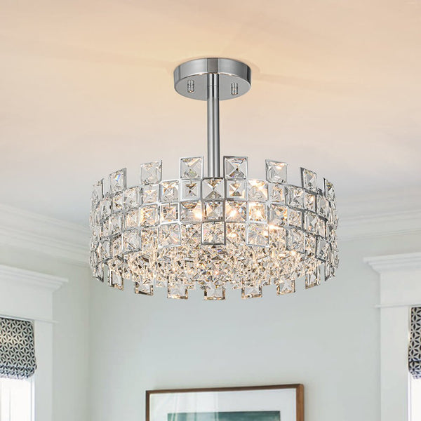 Modern 4 - Light Hollow Design Drum Crystal Semi - Flush Mount Ceiling Light - Yiilighting