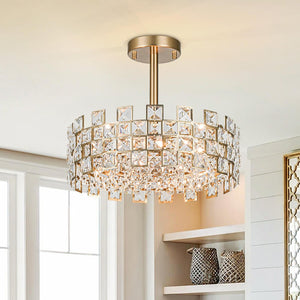 Modern 4 - Light Hollow Design Drum Crystal Semi - Flush Mount Ceiling Light - Yiilighting