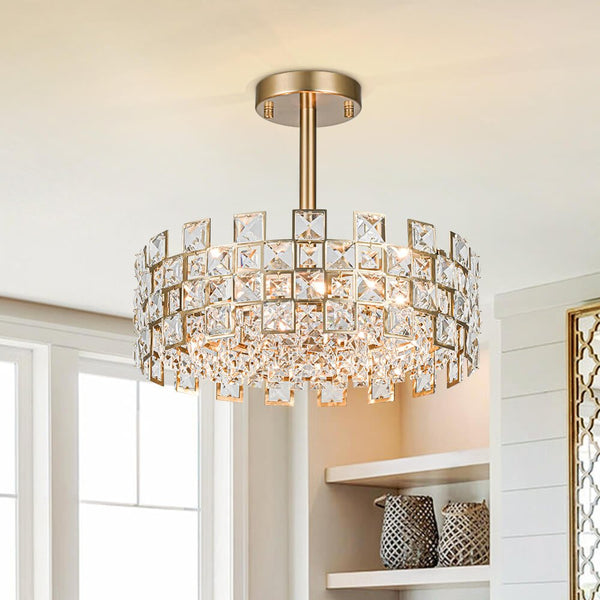 Modern 4 - Light Hollow Design Drum Crystal Semi - Flush Mount Ceiling Light - Yiilighting