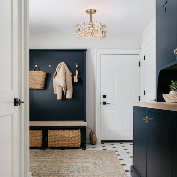 Modern 4 - Light Hollow Design Drum Crystal Semi - Flush Mount Ceiling Light - Yiilighting