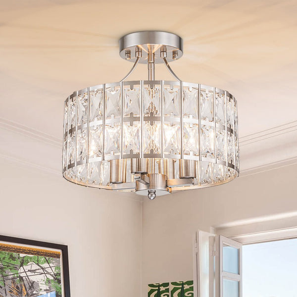 Modern Crystal Glass Semi Flush Drum Ceiling Light - Yiilighting