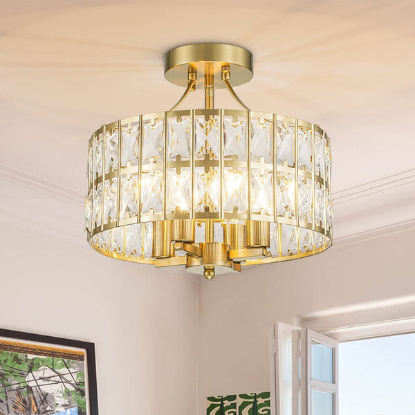 Modern Crystal Glass Semi Flush Drum Ceiling Light - Yiilighting