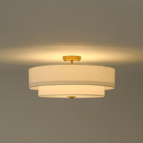 Modern Double Layer Concentric Linen Fabric Round Semi Flush Mount - Yiilighting