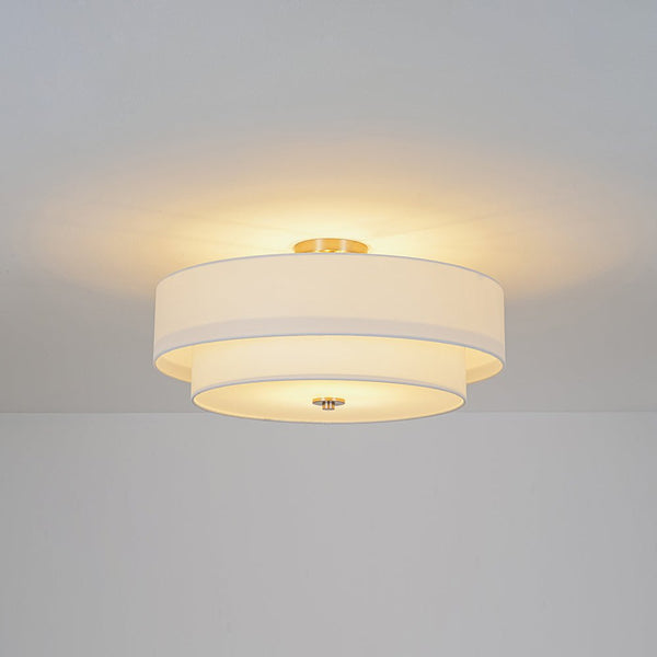 Modern Double Layer Concentric Linen Fabric Round Semi Flush Mount - Yiilighting
