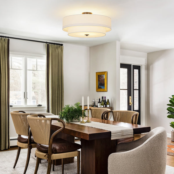 Modern Double Layer Concentric Linen Fabric Round Semi Flush Mount - Yiilighting