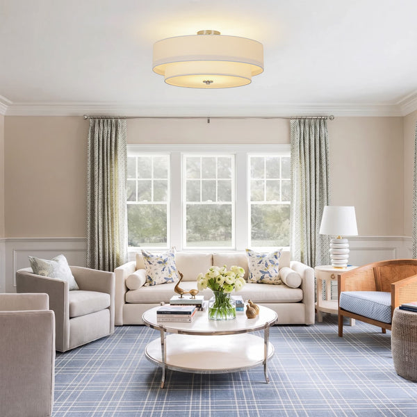 Modern Double Layer Concentric Linen Fabric Round Semi Flush Mount - Yiilighting