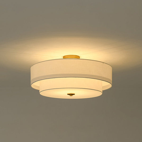 Modern Double Layer Concentric Linen Fabric Round Semi Flush Mount - Yiilighting