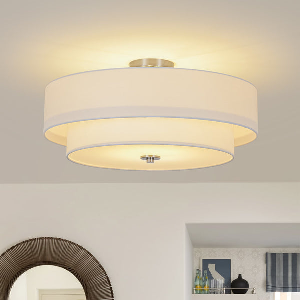 Modern Double Layer Concentric Linen Fabric Round Semi Flush Mount - Yiilighting