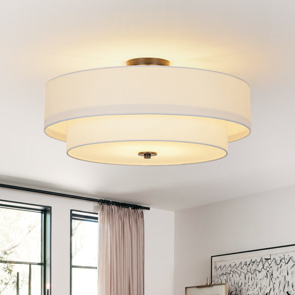 Modern Double Layer Concentric Linen Fabric Round Semi Flush Mount - Yiilighting