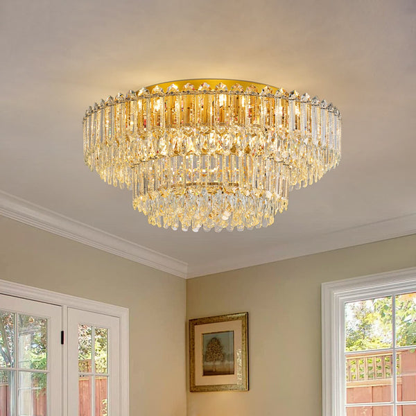 Multi - Size Luxury K9 Crystal Tiered Flush Mount Ceiling Light - Yiilighting