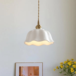 Natural Botanical Cream Lotus Leaf Wavy Rim Milky Glass Pendant Light - Yiilighting