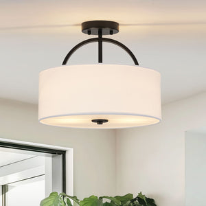 Nordic Minimalist 2-Light Round Drum White Fabric Ceiling Lamp - Yiilighting