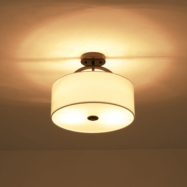 Nordic Minimalist 2-Light Round Drum White Fabric Ceiling Lamp - Yiilighting