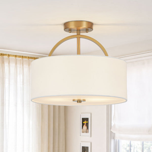 Nordic Minimalist 2-Light Round Drum White Fabric Ceiling Lamp - Yiilighting