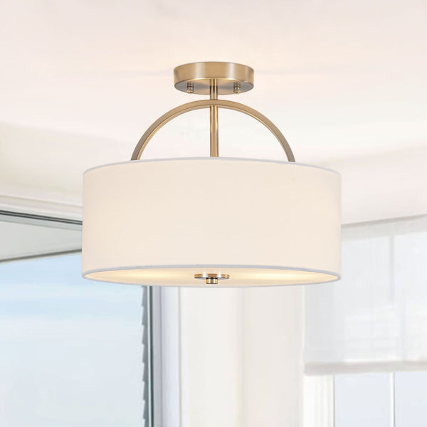 Nordic Minimalist 2-Light Round Drum White Fabric Ceiling Lamp - Yiilighting