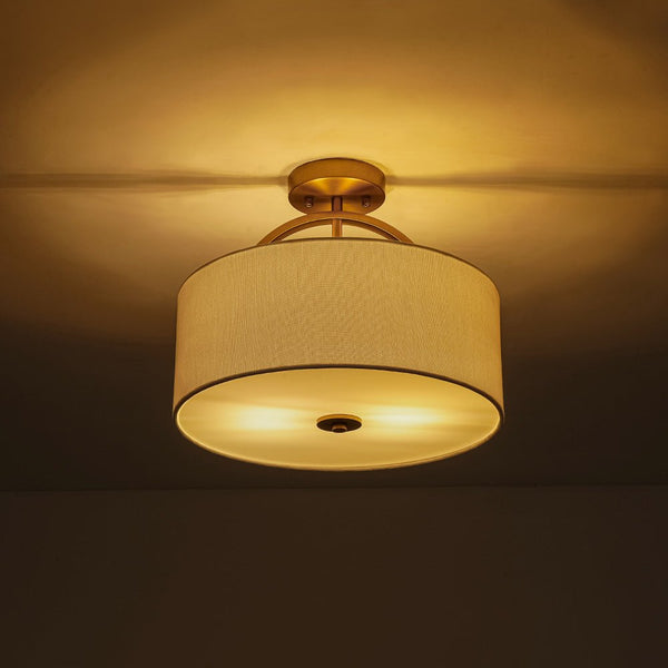 Nordic Minimalist 2-Light Round Drum White Fabric Ceiling Lamp - Yiilighting