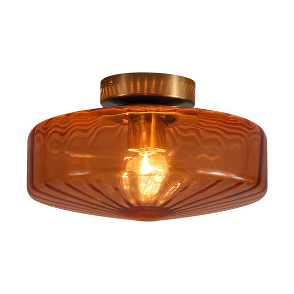 Retro Amber Rippled Glass Drum - Shaped Semi Flush Mount Ceiling Light - Yiilighting
