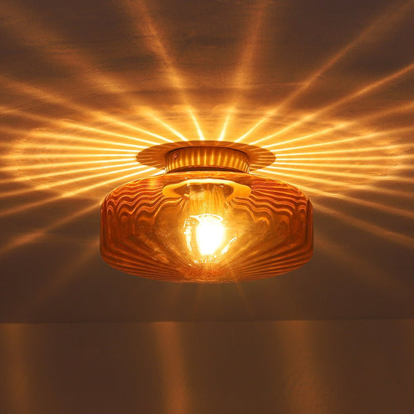 Retro Amber Rippled Glass Drum - Shaped Semi Flush Mount Ceiling Light - Yiilighting