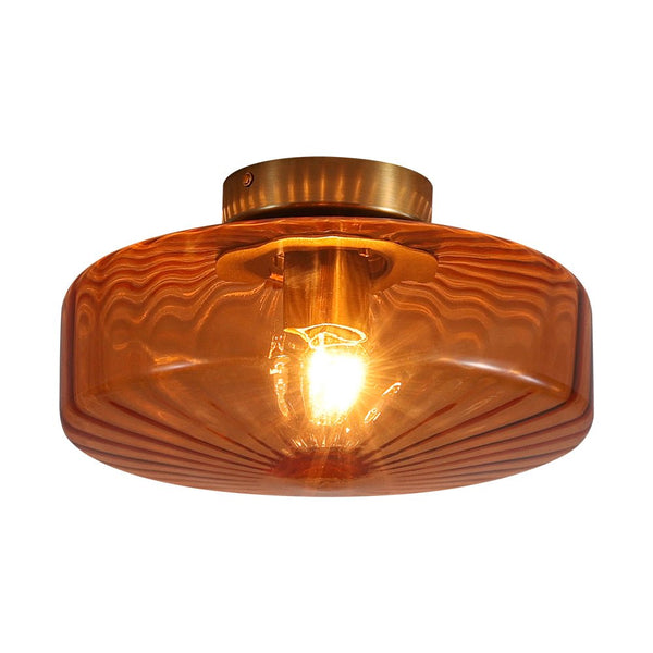Retro Amber Rippled Glass Drum - Shaped Semi Flush Mount Ceiling Light - Yiilighting