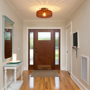 Retro Amber Rippled Glass Drum - Shaped Semi Flush Mount Ceiling Light - Yiilighting