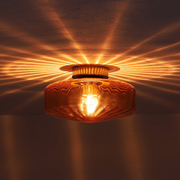Retro Amber Rippled Glass Drum - Shaped Semi Flush Mount Ceiling Light - Yiilighting