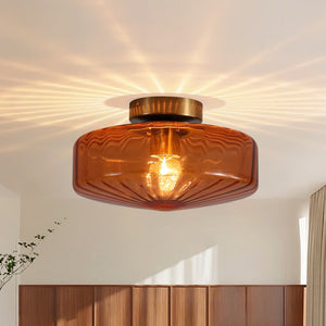 Retro Amber Rippled Glass Drum - Shaped Semi Flush Mount Ceiling Light - Yiilighting