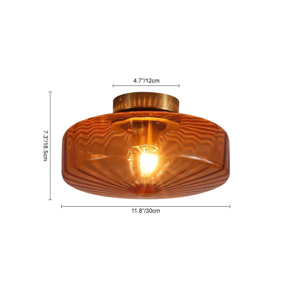 Retro Amber Rippled Glass Drum - Shaped Semi Flush Mount Ceiling Light - Yiilighting