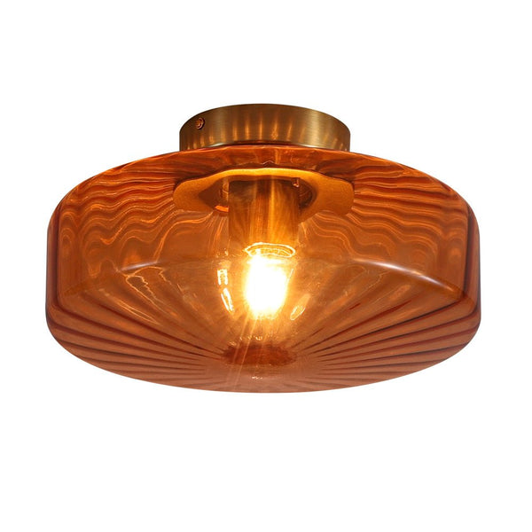 Retro Amber Rippled Glass Drum - Shaped Semi Flush Mount Ceiling Light - Yiilighting