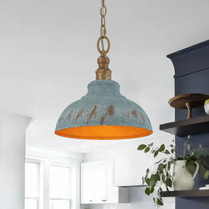 Rustic Aged Patina Iron Peacock Blue Dome Pendant Light - Yiilighting