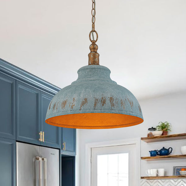 Rustic Aged Patina Iron Peacock Blue Dome Pendant Light - Yiilighting