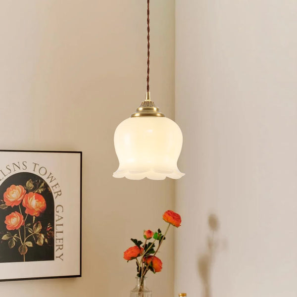 Soft 1-Light Vintage Cream Style Floral Milky Glass Pendant Light - Yiilighting
