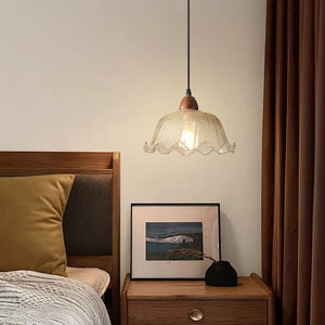 Vintage 1 - Light Amber Crackle Glass Lotus Leaf Ash Wood Pendant Light - Yiilighting