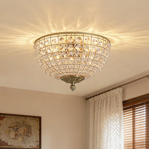 Vintage 3 - Light Brass Crystal Dome - Shaped Cage Flush Mount Ceiling Light - Yiilighting